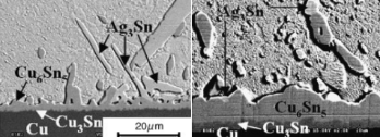 不同老化時間的Cu6Sn5和Ag3Sn結(jié)構(gòu)。左: 24小時；右: 2400小時