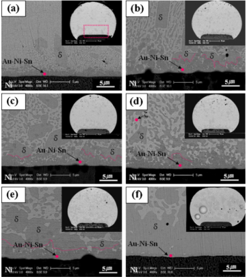 50℃老化不同時(shí)間后Au80Sn20/Ni界面的SEM圖