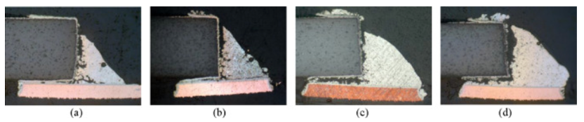 SAC305焊點疲勞失效圖; (a)凹形, (b)直形, (c)微凸形, (d)凸形。